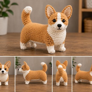 Puede incluir: Figura de perro corgi de ganchillo en tonos marrón y blanco. El perro hecho a mano tiene una cola esponjosa, orejas erguidas y una raya blanca en la cara. El perro está de pie sobre sus cuatro patas, mostrando sus patas cortas y detalles.