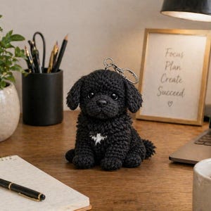 Puede incluir: Un llavero de cachorro negro tejido a ganchillo con un parche blanco en forma de estrella en el pecho. El perro de peluche tiene un llavero plateado. El cachorro está sentado en un escritorio de madera junto a un bloc de notas, un bolígrafo y un letrero enmarcado que dice "Focus Plan Create Succeed".