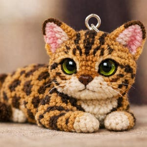 Puede incluir: Figura de gato de ganchillo en posición tumbada. El gato tiene un patrón moteado marrón y beige, ojos verdes y el interior de las orejas rosa. Un anillo plateado está unido a la parte superior. El gato hecho a mano es un artículo decorativo.