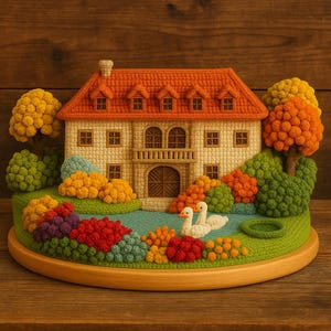 Può includere: Una scena di casa in miniatura fatta a mano con tetto rosso, pareti beige e finestre dettagliate. La scena comprende uno stagno con due cigni bianchi, alberi colorati e cespugli. La base è un cerchio di legno.