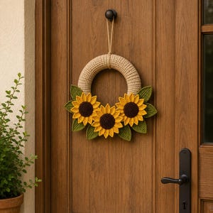 Può includere: Una ghirlanda di girasoli all'uncinetto con tre girasoli gialli con centri marroni e foglie verdi. La ghirlanda è realizzata in un materiale beige tessuto e appesa a una porta di legno.