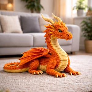 Puede incluir: Un peluche de dragón naranja hecho a mano con detalles amarillos, alas y cuernos. El dragón está tumbado sobre una alfombra de color neutro. El dragón es un artículo de fantasía.