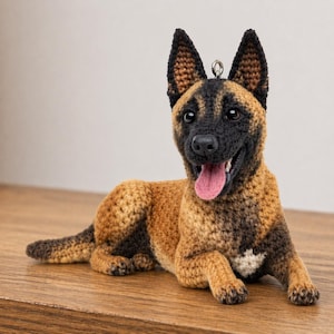 Puede incluir: Adorno de perro tejido a ganchillo en posición tumbada. El perro tiene un pelaje marrón y negro, con la lengua rosa. Tiene un pequeño lazo de metal en la cabeza para colgar.