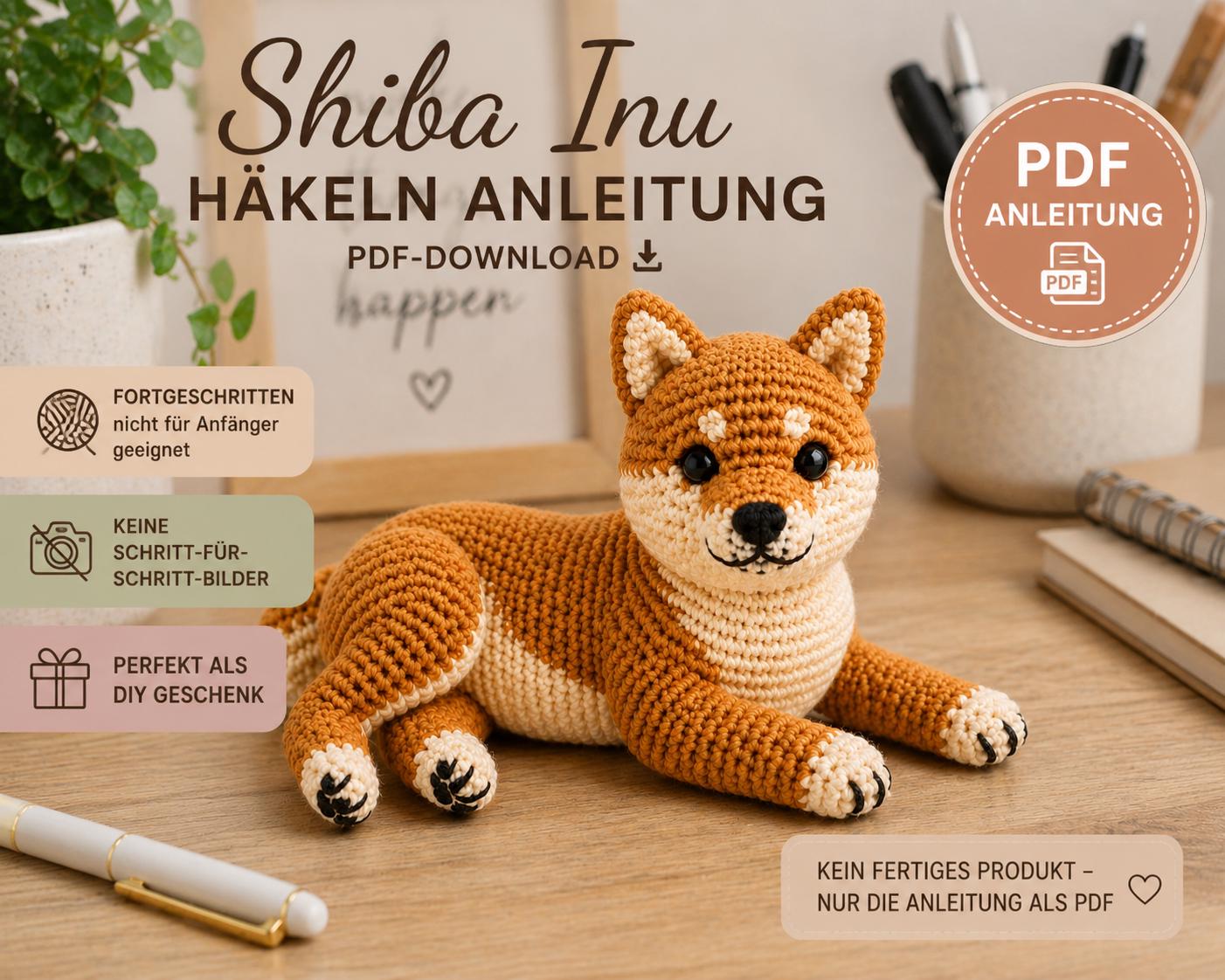 柴犬の編み図（PDF） – リアルなあみぐるみ犬（寝そべった姿勢、約20cm