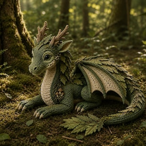 Può includere: Un drago all'uncinetto fatto a mano, nei toni del verde e del beige, appoggiato su un pavimento boschivo muschioso. Il drago presenta ali a forma di foglia, corna e dettagli di funghi, creando un design stravagante e ispirato alla natura.