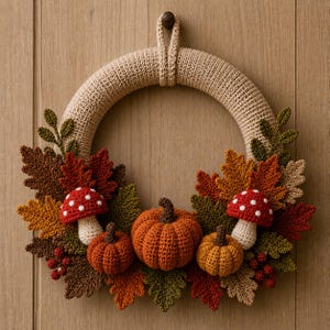 May include: A circular crochet wreath featuring a beige base adorned with orange and brown crocheted leaves, two red and white spotted mushrooms, three orange pumpkins of varying sizes, and small clusters of red berries attached to the bottom.