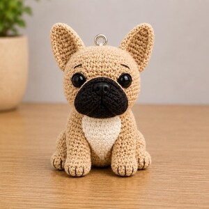 May include: A tan crochet French bulldog figurine with a black muzzle, large black plastic eyes, and a cream-colored chest patch. The small stuffed animal features upright ears and a silver metal loop attached to the top of its head for hanging.