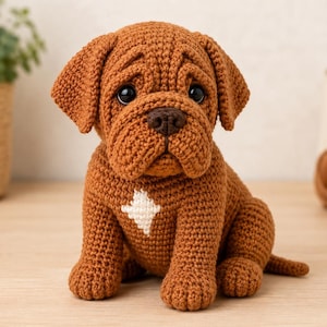 May include: A brown crochet dog figurine with a white star-shaped patch on its chest. The stuffed animal features floppy ears, a dark brown nose, and large black eyes, crafted with a textured yarn stitch pattern in a seated position.