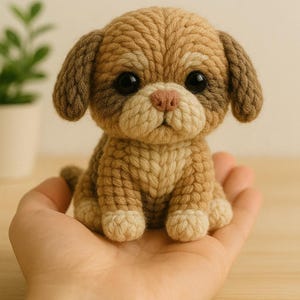 May include: Handmade crochet puppy in shades of brown and beige, with black eyes and a pink nose. The puppy is made of cotton yarn and is a perfect gift idea. The word "handmade" is written above the puppy.