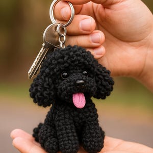 May include: A black crochet poodle keyring with a pink tongue, attached to a silver keyring and a key. The handmade dog has a curly texture and is sitting upright. The background is blurred.