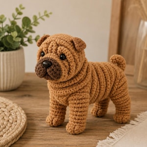 May include: A handcrafted, tan-colored crochet Shar Pei dog figurine. The plush toy features detailed wrinkles, a dark brown snout, and small, black eyes. The dog is posed standing on all fours, showcasing its textured, ribbed body.