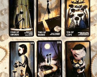 May include: Six rectangular tarot cards featuring stylised illustrations and text. The cards are Four of Swords, Two of Wands, Ten of Cups, Temperance, The Moon, and Four of Pentacles. Each card displays a unique scene with dark, artistic imagery.