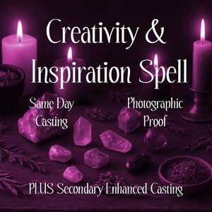 Puede incluir: Imagen morada oscura con velas encendidas, cristales y hierbas. El texto dice "Creativity & Inspiration Spell" con texto adicional: "Same Day Casting", "Photographic Proof" y "PLUS Secondary Enhanced Casting".