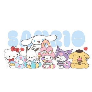 May include: A white background features a light blue "Sanrio" text and several cartoon characters. Hello Kitty wears a red bow and floats in a blue and white inner tube. Other characters include a white dog, a pink bunny, and a purple cat.