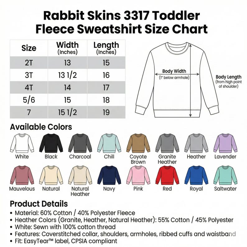 Może przedstawiać: Tabela rozmiar&oacute;w dla polarowych bluz dresowych dla małych dzieci Rabbit Skins 3317. Tabela zawiera rozmiary od 2T do 7, z wymiarami w calach. Dostępne kolory to biały, czarny, węgiel drzewny i inne. Szczeg&oacute;ły produktu są r&oacute;wnież wymienione.