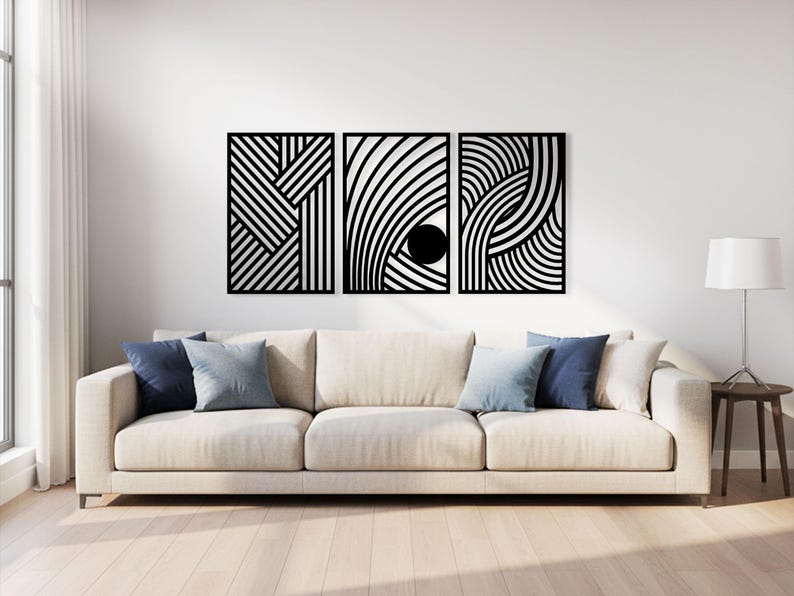 Abstract geometric line wooden wall art, handmade triptych for modern homes.
