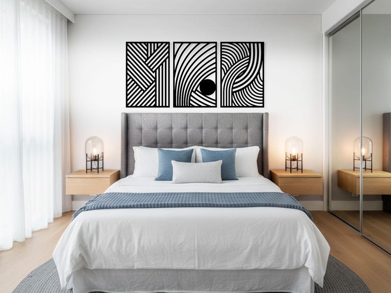 Modern geometric wooden wall art triptych in living room.