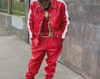 Herren Red & White Echtleder Trainingsanzug | 2-teiliger Sweatsuit Lässige Activewear