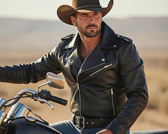 May include: A dark brown cowboy hat with a braided band paired with a black leather motorcycle jacket featuring silver zippers, epaulets, and a matching black leather belt, worn over blue denim jeans while seated on a black motorcycle.