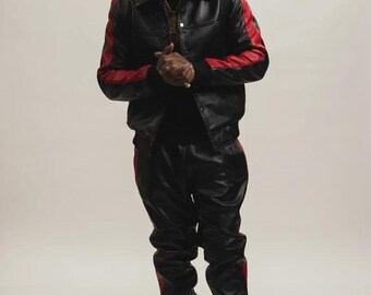 Men’s Genuine Leather Tracksuit Sweatsuit – Black & Red