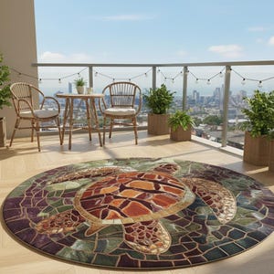May include: A round outdoor rug featuring a mosaic-style sea turtle design in shades of brown, orange, green, and purple. The rug is placed on a wooden deck, with a balcony and city view in the background. The rug is approximately 60 inches in diameter.