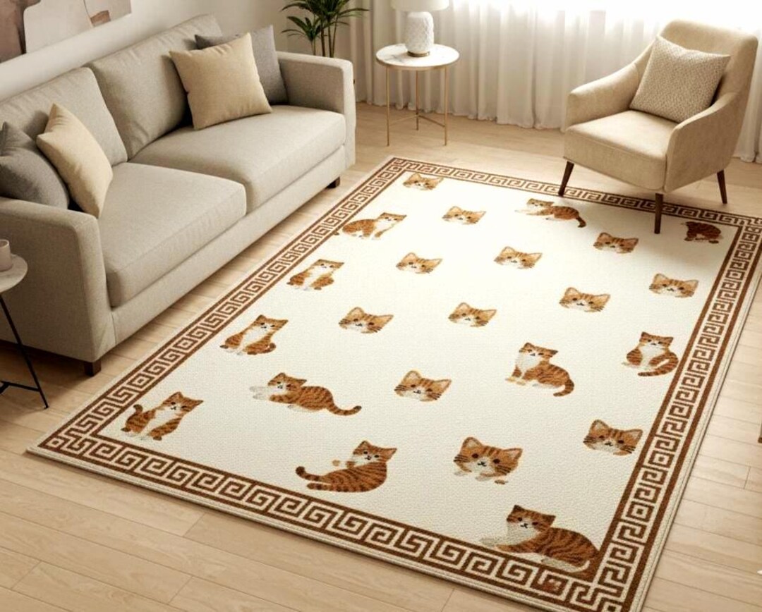 Tabbycat Rugs Hand Tufted Rug - Cute Tabby Cat Area Rug - Greek Key Border Rug for ...