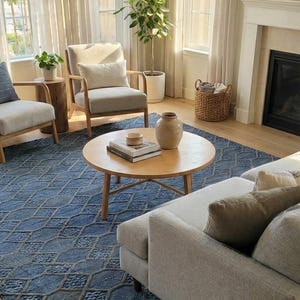 May include: A living room featuring a blue patterned rug, a light grey sofa, and two armchairs. A round wooden coffee table holds books and a vase. Sheer curtains filter sunlight, creating a bright and airy atmosphere.