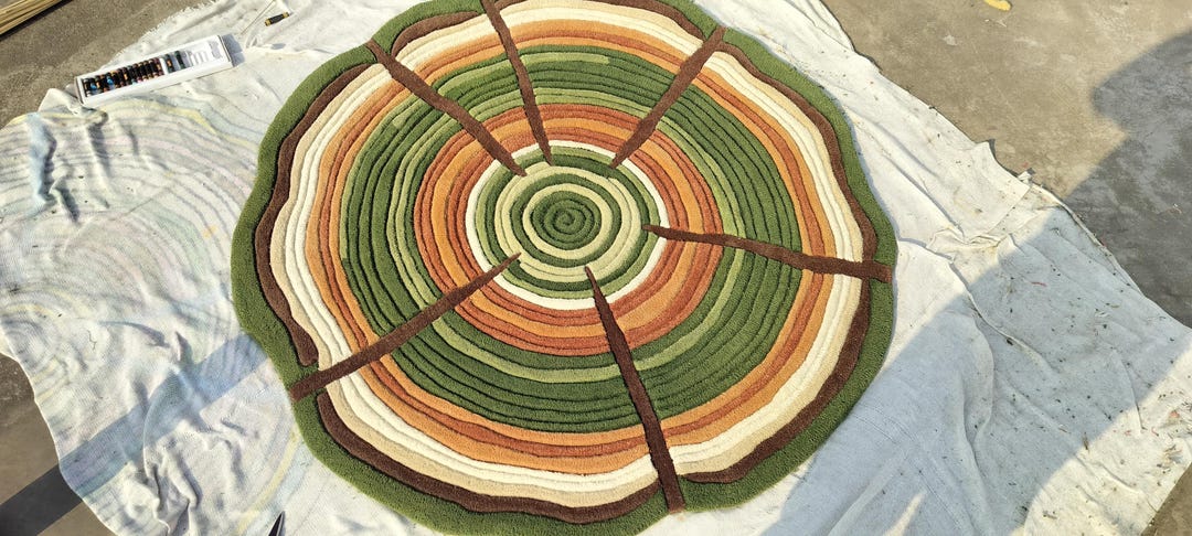 Rustic Tree Stump Rug, Round Earth Tone Carpet, Tufted Wool Rug for ...