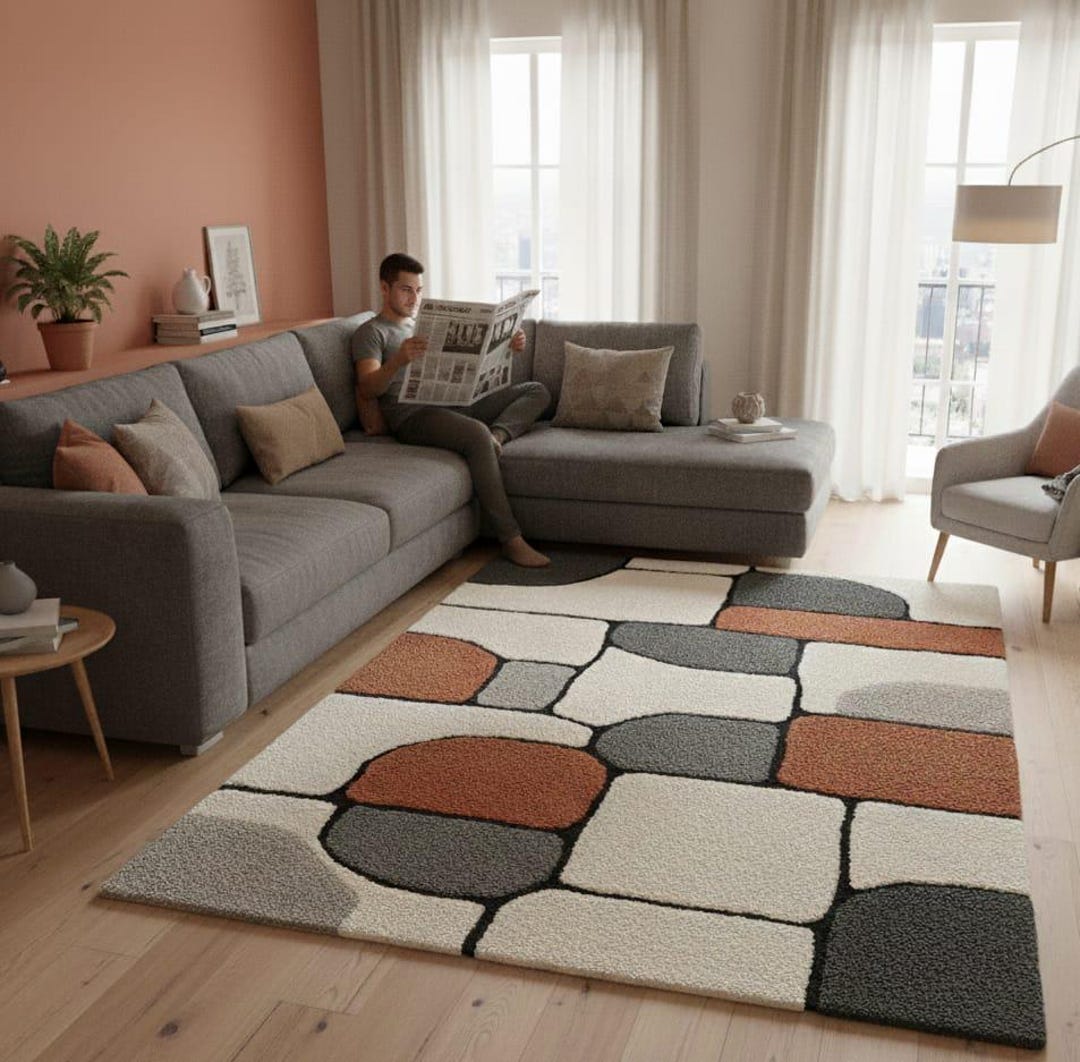 Modern Abstract Stone Pattern Wool Rug | Hand-tufted Terracotta Grey ...