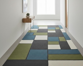 Mid Century Modern Abstract Geometric Area Rug, Large Color Block Floor Mat in Blue Green Charcoal, Minimalist Living Room Rug, Custom Size
