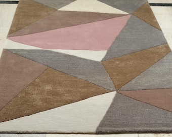 Hand-Tufted Wool Rug | Modern Geometric, Pastel Pink Abstract Carpet