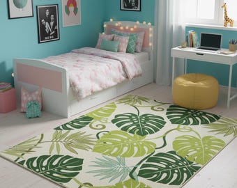 Monstera Leaf Area Rug | Tropical Green Botanical Carpet / soft rug