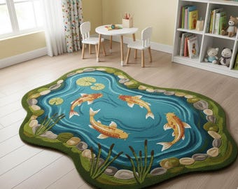 Hand-Tufted Wool Koi Pond Rug: Whimsical Nature-Inspired Area Rug