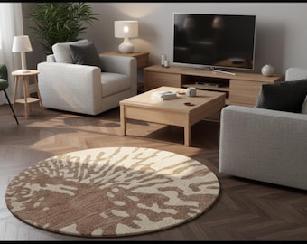 Handmade Wool Round Rug | Beige Brown Abstract Sunburst Carpet