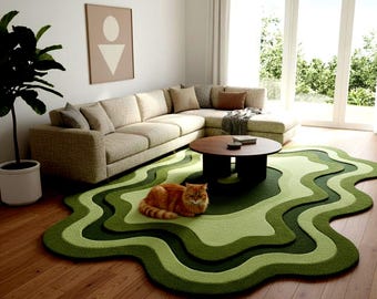Golvend groen wollen vloerkleed: modern abstract gelaagd contourtapijt