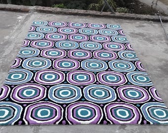 Alfombra de lana tejida a mano: diseño moderno de círculos geométricos en morado y verde azulado, alfombra abstracta contemporánea para sala de estar, alfombra hecha a mano personalizada.