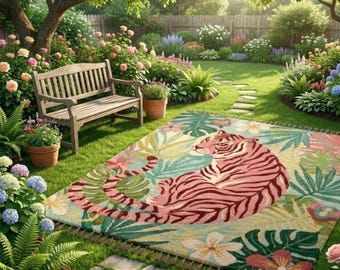 Hand-Tufted Wool Area Rug: Pink Tiger in Tropical Jungle