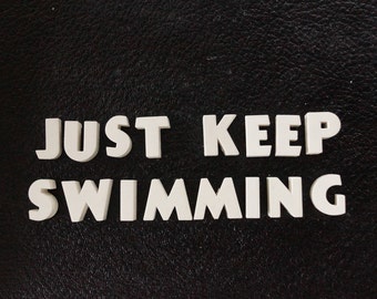 Vintage White Ceramic Push Pins "JUST KEEP SWIMMING" - Bulletin Board Decor, Altered Art Supply, and more