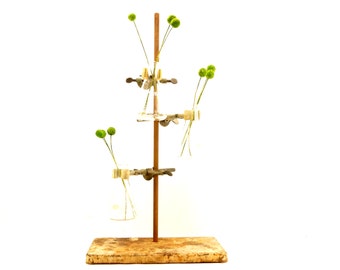 Vintage Industrial Cast Iron Lab Stand with Clamps and 3 Erlenmeyer Flasks, 24" tall (c.1950s) - Large Industrial Vase, Laboratory Stand