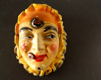 Vintage Smoking Clown Chalkware String Holder Face with Cigar (c.1940s) - Unique Collectible, Mystic French Mime Clown Oddity, Quirky Gift
