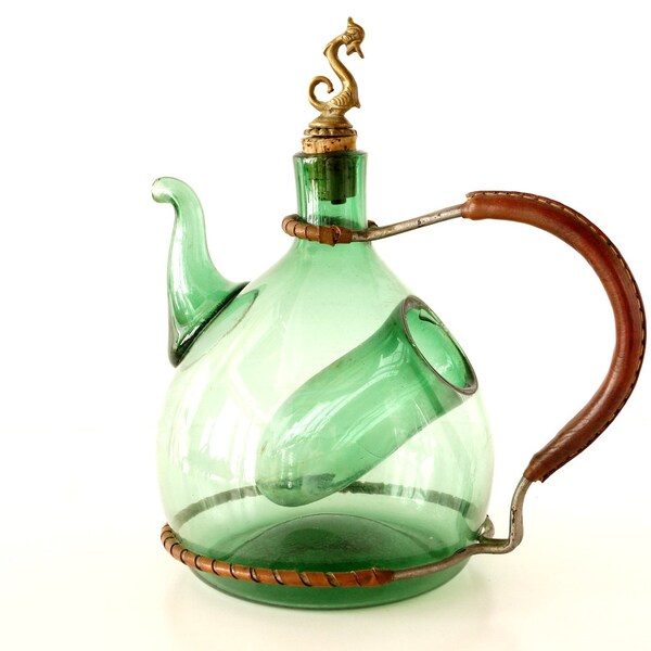 Vintage Italian Green Glass Wine Carafe with Metal and Leather Handle and Ice Chiller (Hand-Blown Glass)