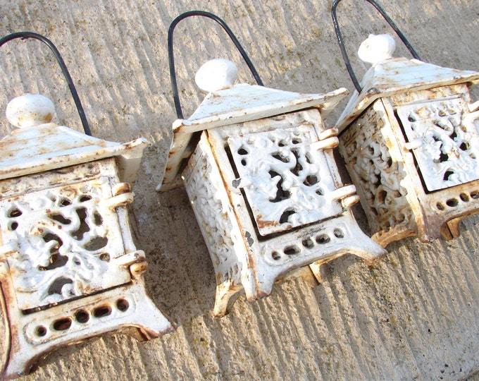 Vintage Cast Iron Metal Votive Candle Holders / Lanterns in Chippy