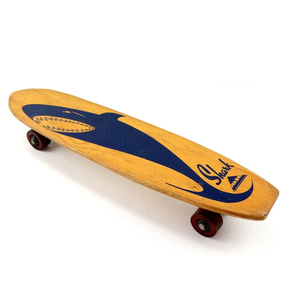 Vintage Nash Shark Skateboard in Wood With Dark Blue Shark