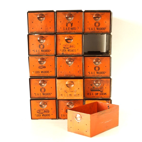 Vintage Dorman Parts Drawer Hardware Bin with 15 Drawers in Rustic Orange (c.1950s) - Industrial Storage, Urban Loft Decor