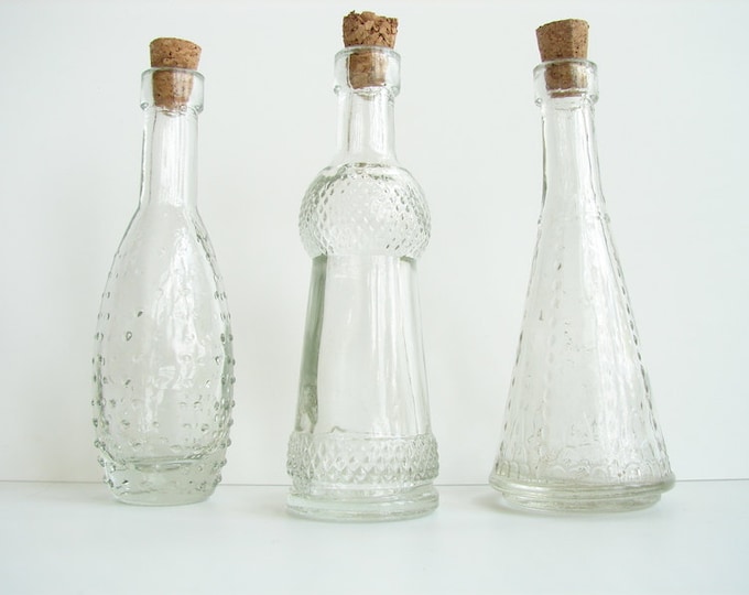 Decorative Clear Glass Bottles With Corks, 5 Tall set of 3 Group No.1