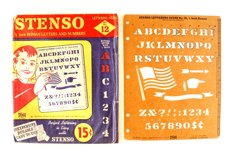 c.1956 Collectible Stencil - 12 Roman Letters and Numbers Sign Lettering Guide Vintage STENSO Stencil Set No.12 in Original Package