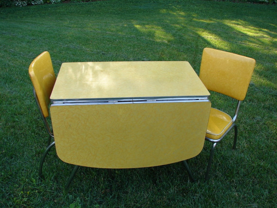 Vintage Yellow DropLeaf Formica Table and Two Yellow Vinyl Etsy
