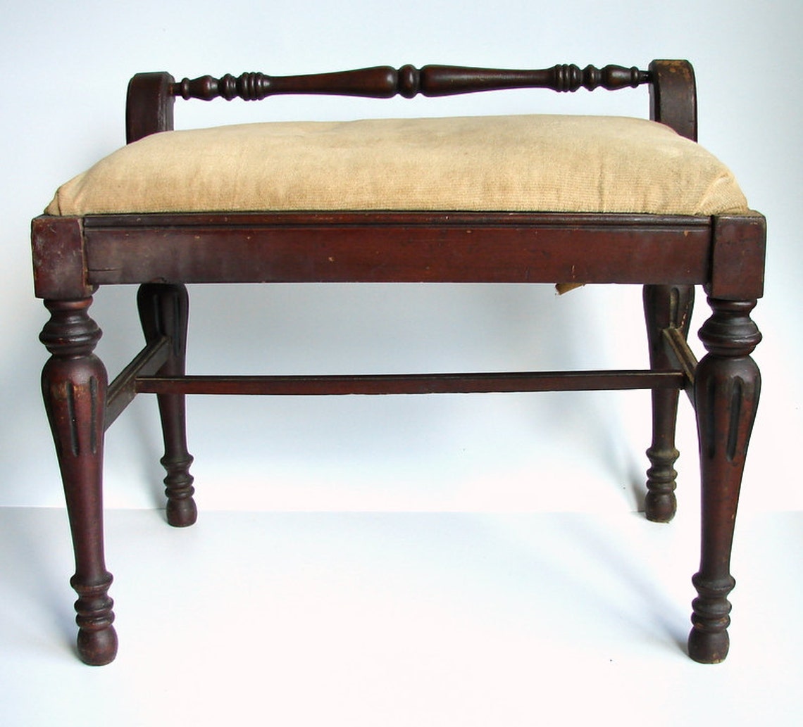 Vintage / Antique Wood Upholstered Vanity Stool / Bench Etsy