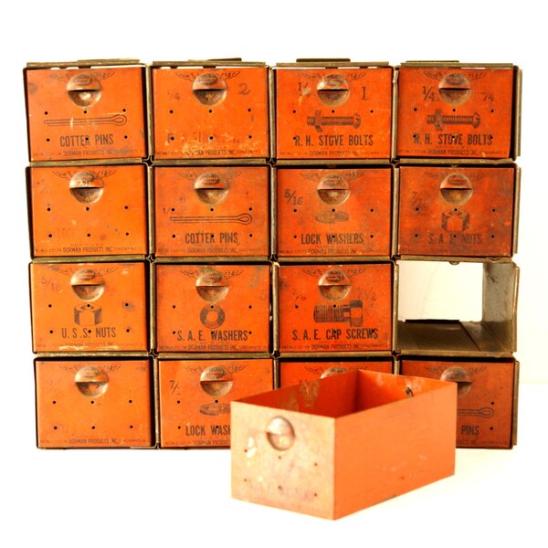 Vintage Dorman Parts Drawer Hardware Bin with 16 Drawers in Rustic Orange (c.1950s) - Industrial Storage, Urban Loft Decor