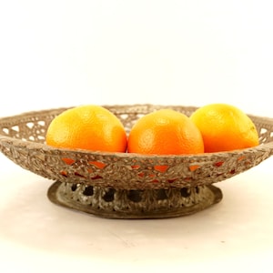 Vintage Ornate Hammered Copper Pedestal Bowl, 15&quot; diameter (c.1970s) - Rustic Metal Bowl, Large Fruit Bowl